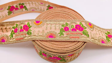 Peach Art Silk Fabric Trim With Green, Orange, Fuchsia Pink And Gold Floral Embroidery